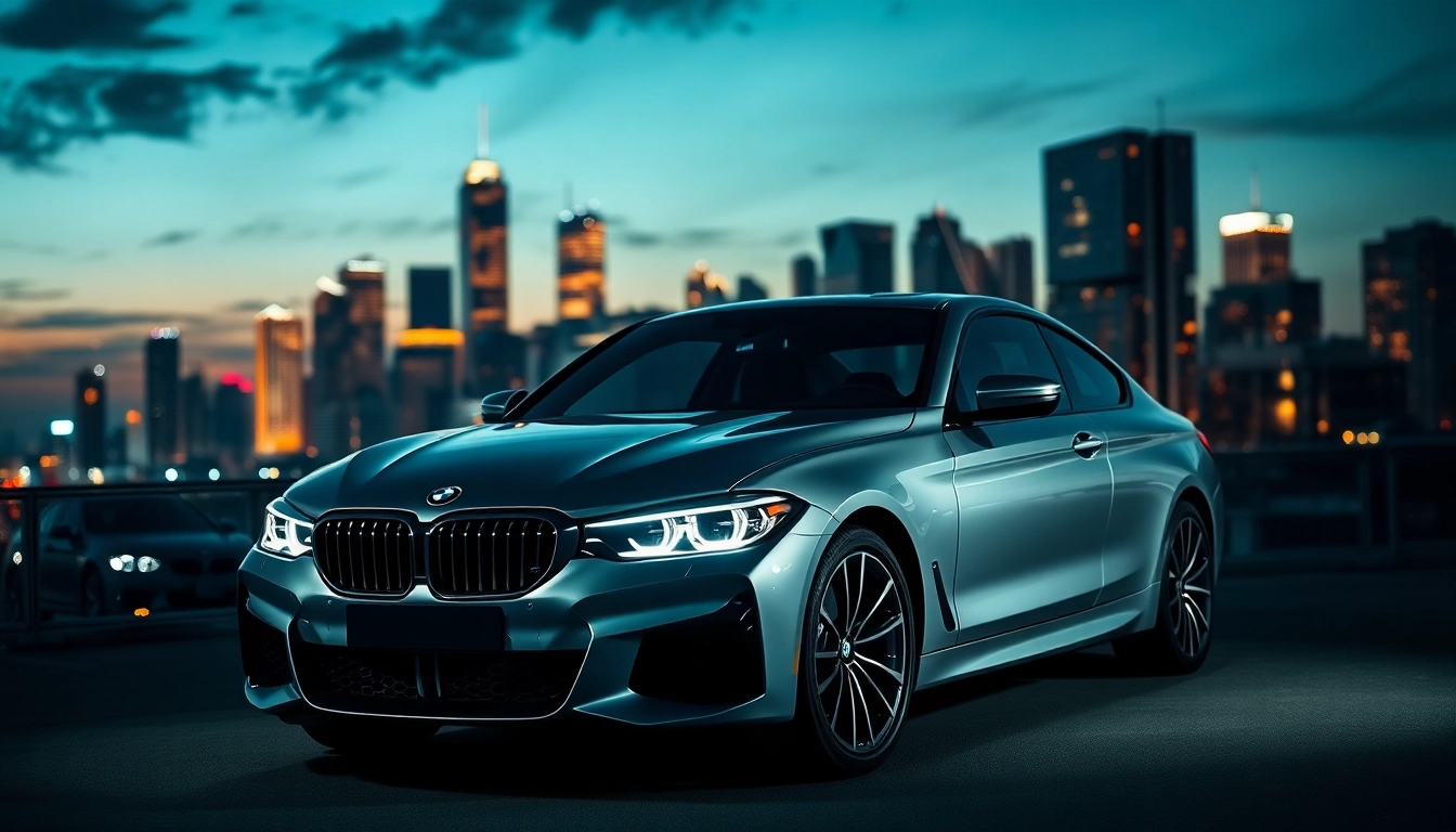 Showcase of a luxury BMW car with sleek design against an urban skyline.