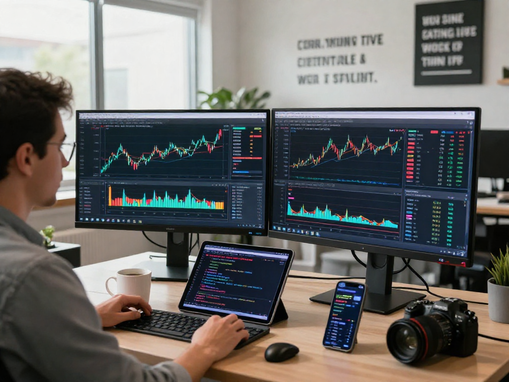 Traders analyzing market data on TradingView in an inspiring office setting, emphasizing productivity.