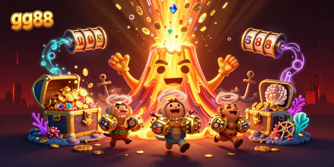 Spin the reels for jackpots at gg88 with animated treasures and vibrant golden volcanoes!