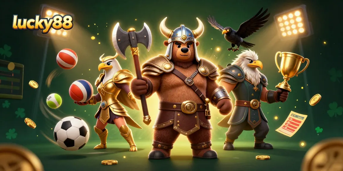Betting in style with lucky88: a Viking bear and Valkyrie eagle dominate a vibrant gaming scene.