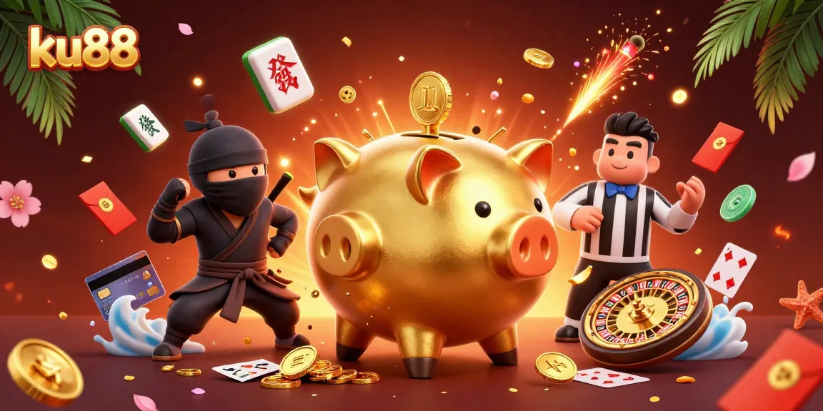 ku88 showcases vibrant casino scene with a sumo piggy bank, wallet ninja, and samurai referee