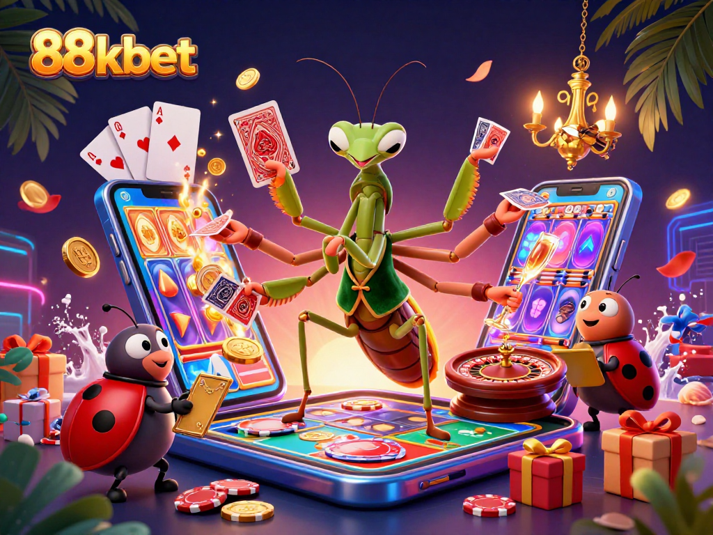 88kbet showcases a vibrant casino scene with a giant praying mantis dealing cards and a ladybug pit boss overseeing action.
