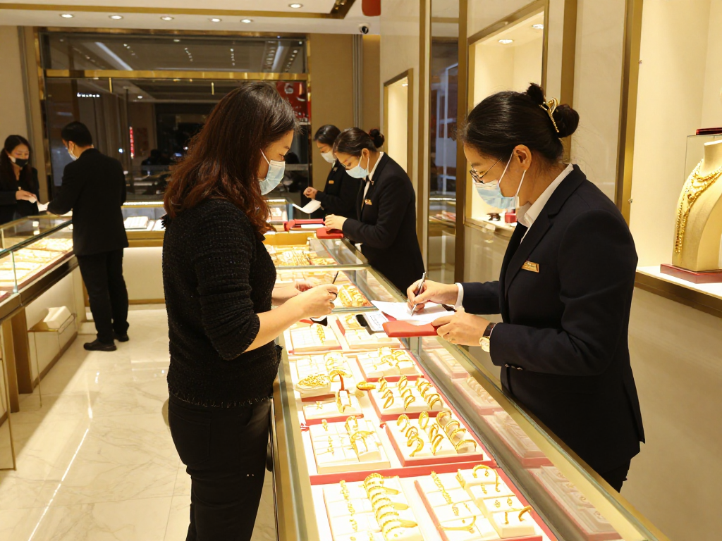 Engaging in mantra88 login process at a gold store, examining luxurious 24K jewelry.