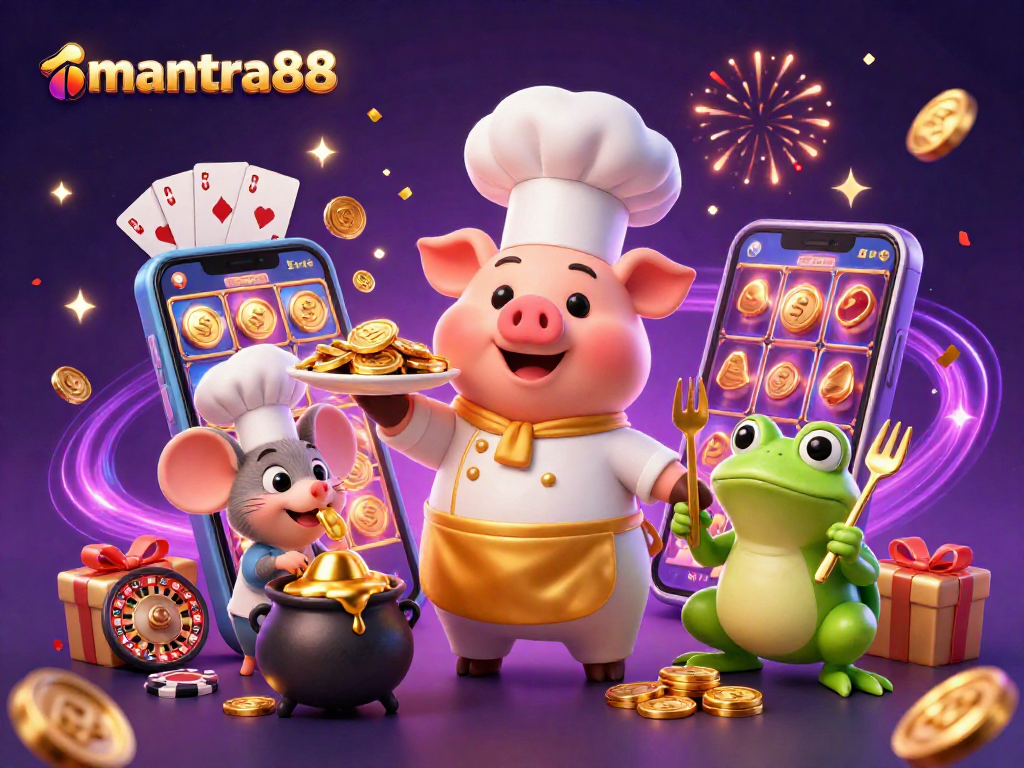 Engage in online gambling with mantra88, featuring gold coins, slot games, and celebratory atmosphere.