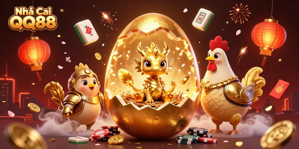 Experience Nhà Cái QQ88 with a dynamic casino-themed illustration of fortune and gaming excitement.