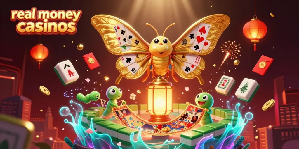 Experience the enchanting world of real money casinos with floating golden elements and cartoon moths.