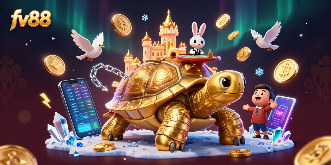 Join the excitement at fv88 with a golden tortoise casino and a rabbit dealer in a vibrant gambling scene.