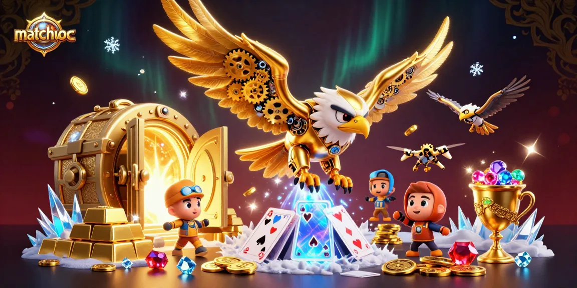 Matchuoc showcases a cybernetic eagle amidst casino treasures and holographic cards.