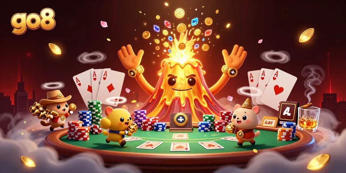 Experience the excitement at go8 with treasures erupting from a golden volcano, surrounded by vibrant casino elements.