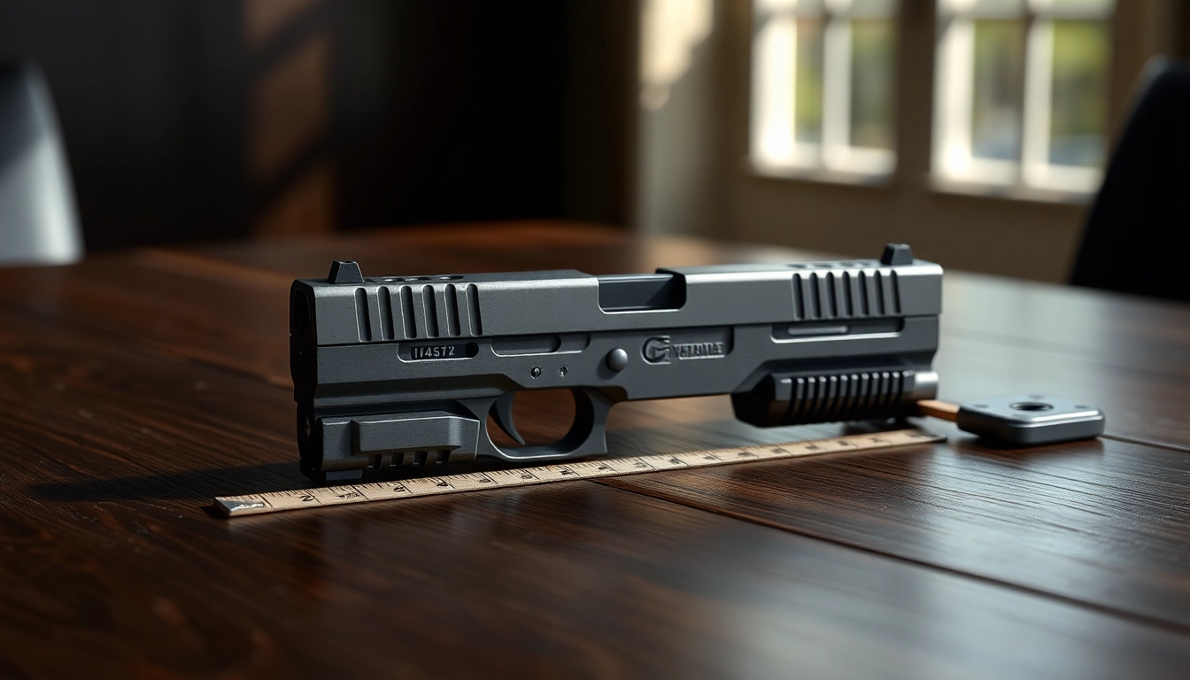Showcase glock 43x slide with detailed metallic features on a wooden table.