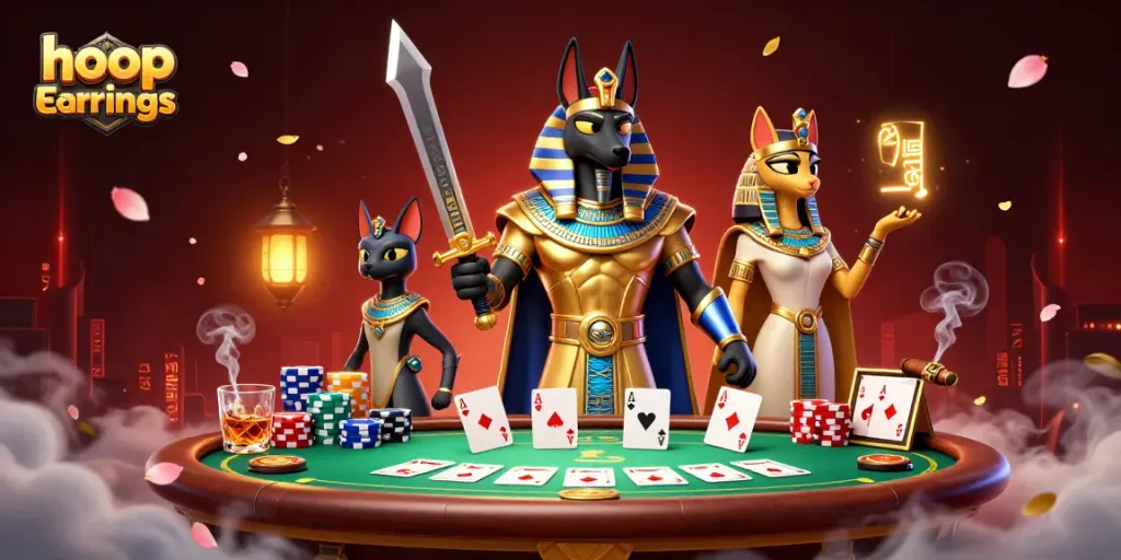 Engage in hoop earrings themed poker showdown featuring mystical characters and vibrant casino elements.