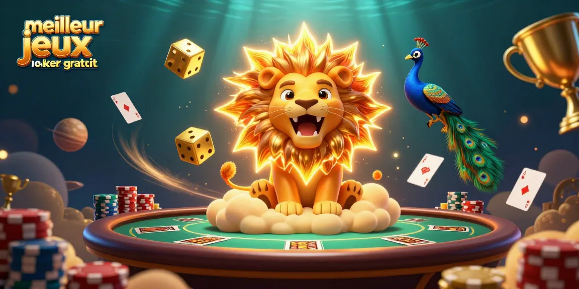 Visuel captivant démontrant le meilleur jeux de poker gratuit avec une scène de poker dynamique et personnages animés.