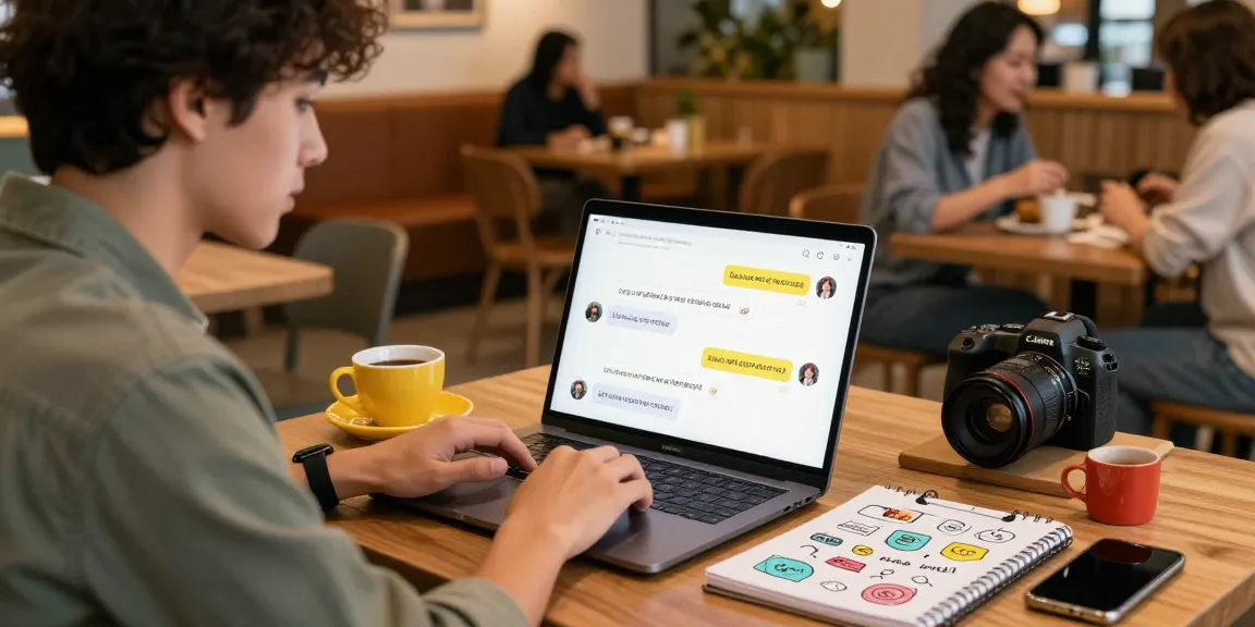 An engaging café scene where a young adult interacts with spicy chat AI on a laptop, showcasing creative digital communication.