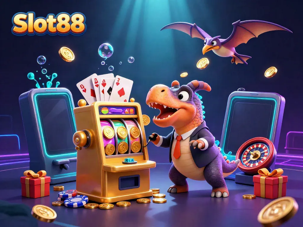 Slot88 engages players with vibrant slot machine excitement as dinosaurs interact with coins and games.
