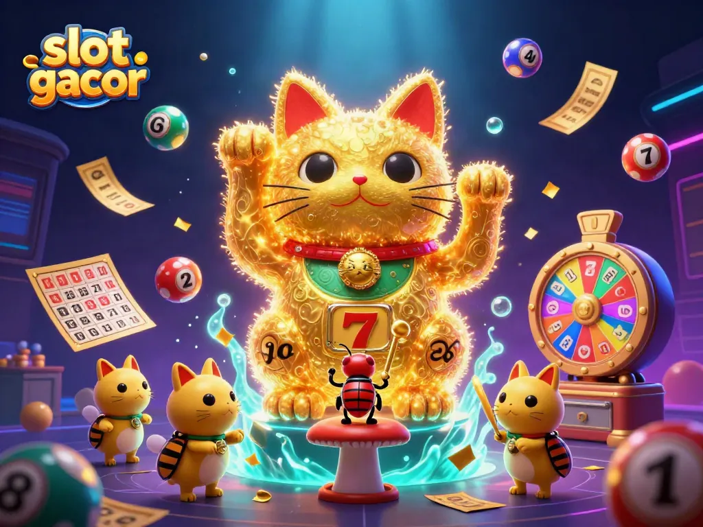 Experience the excitement of slot gacor with captivating 3D illustration featuring a waving lucky cat.