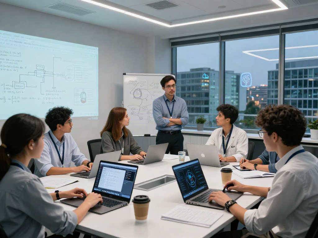 Team collaborating on AI Image Detection technology in a modern lab.