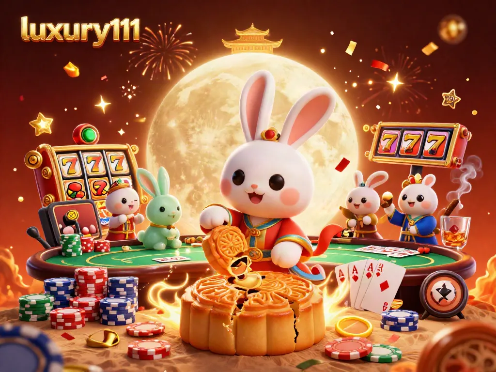 Engage in exciting gameplay at luxury111 with vibrant slot reels and poker elements in a festive scene.
