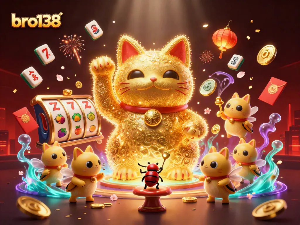 Experience excitement with bro138's animated lucky cat, vibrant slot reels, and festive atmosphere in this 3D illustration.