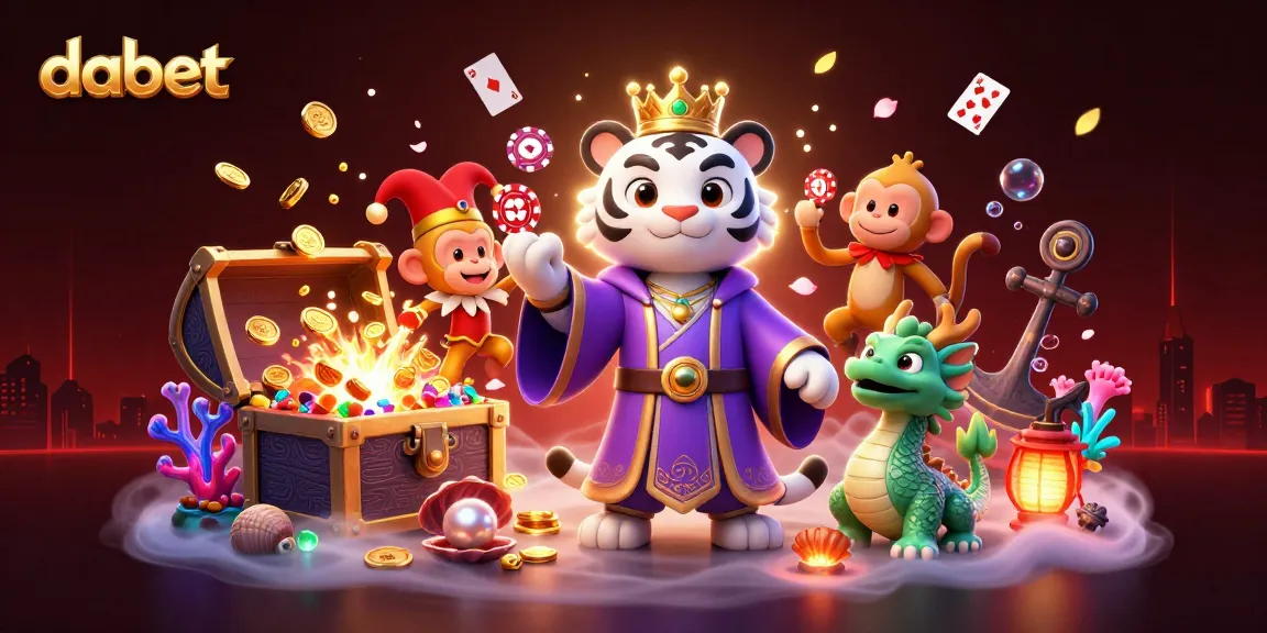 Dabet presents an engaging scene with a royal tiger, jester monkey, and jade dragon amidst vibrant casino elements and treasure.