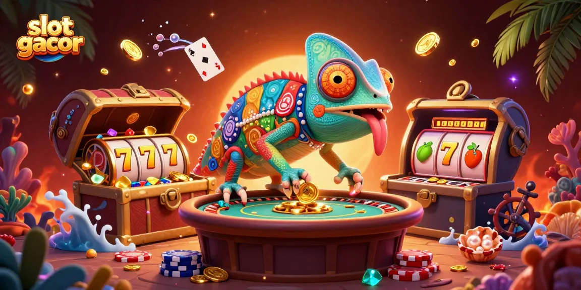 Permainan slot gacor dikelilingi harta karun bawah laut, dengan chameleon kasino besar.