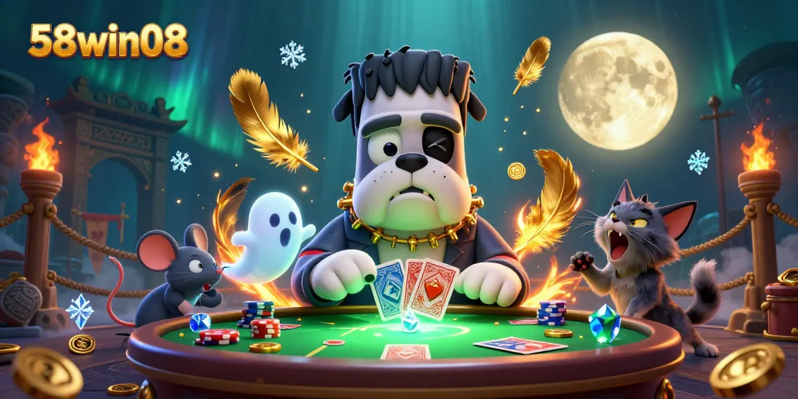 Experience thrilling card games at 58win08 with a lively scene featuring a unique bulldog dealer, mystical spirits, and a playful kitten.