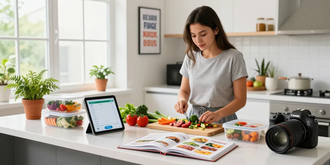 Nutritionist using the best AI macro tracker app in a bright kitchen while preparing a healthy meal.