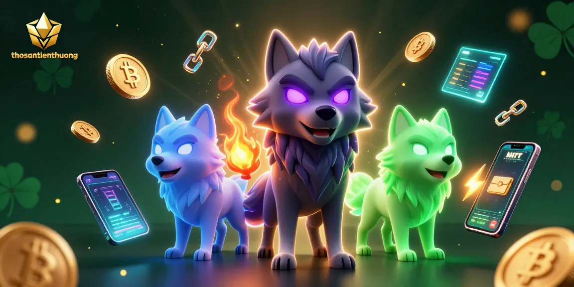 Engage in thrilling gameplay with thosantienthuong's slot machine action featuring mystical wolves and floating crypto elements.
