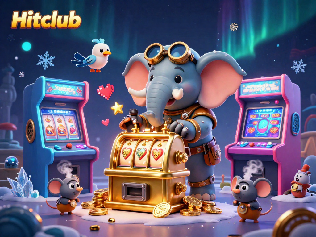 Experience the thrill of Hitclub with a steampunk elephant operating a golden slot machine in a vibrant casino world.