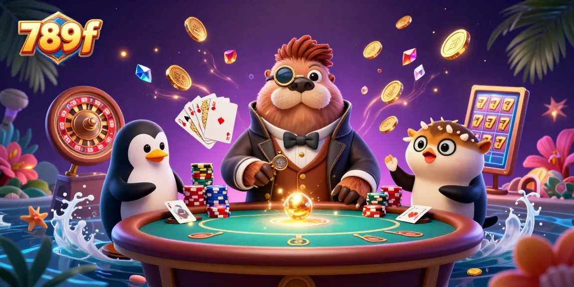 Experience the thrill of gambling at 789f, illustrated with vibrant characters and lively casino elements.