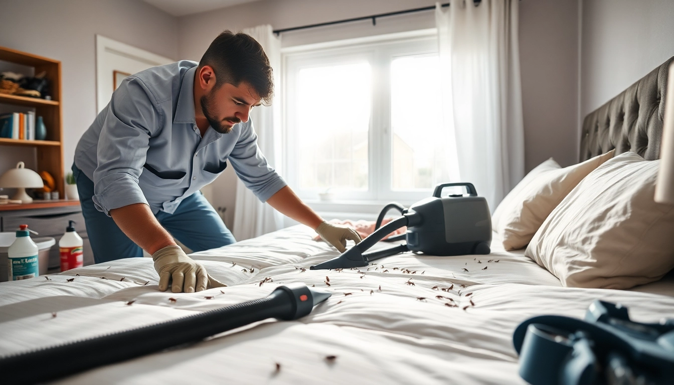 Implementing effective bed bug control measures by a technician in a residential bedroom.