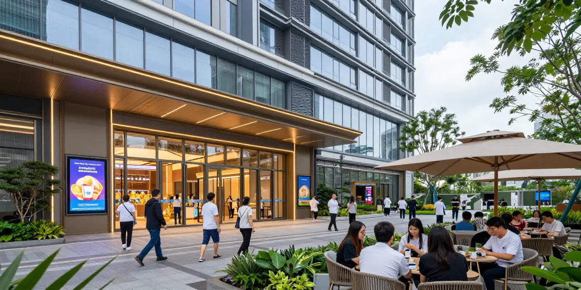 Visitors enjoying the vibrant atmosphere at MANTRA88, a commercial hub by www.mgoldproperties.com, showcasing modern architecture and lively ambiance.