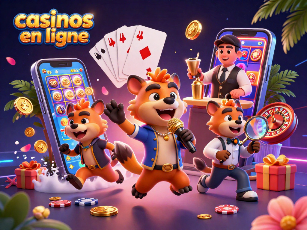 Une animation de hyènes au casino en ligne illustrant une scène dynamique avec des jeux de casino.