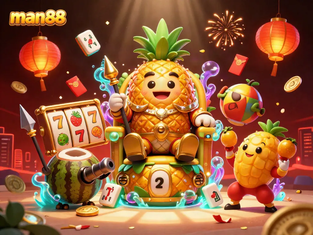 Experience thrilling gaming action with man88, showcasing a vibrant casino scene filled with golden characters and slot reels.