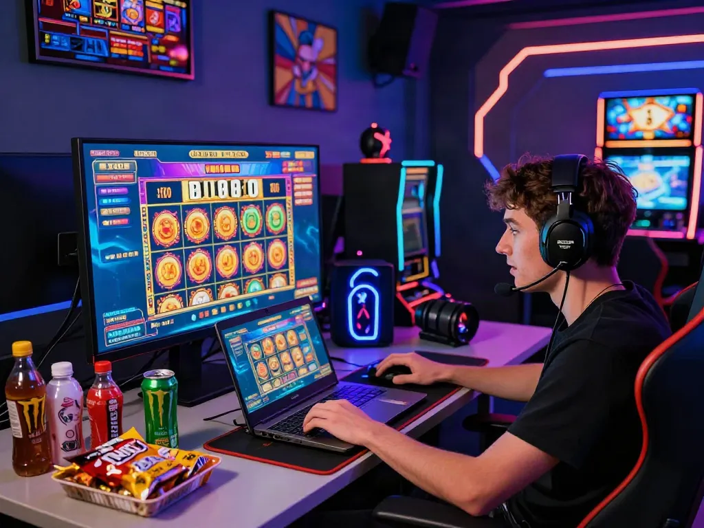 Engaged player enjoying rutanslot on a vibrant gaming interface, energetic atmosphere.