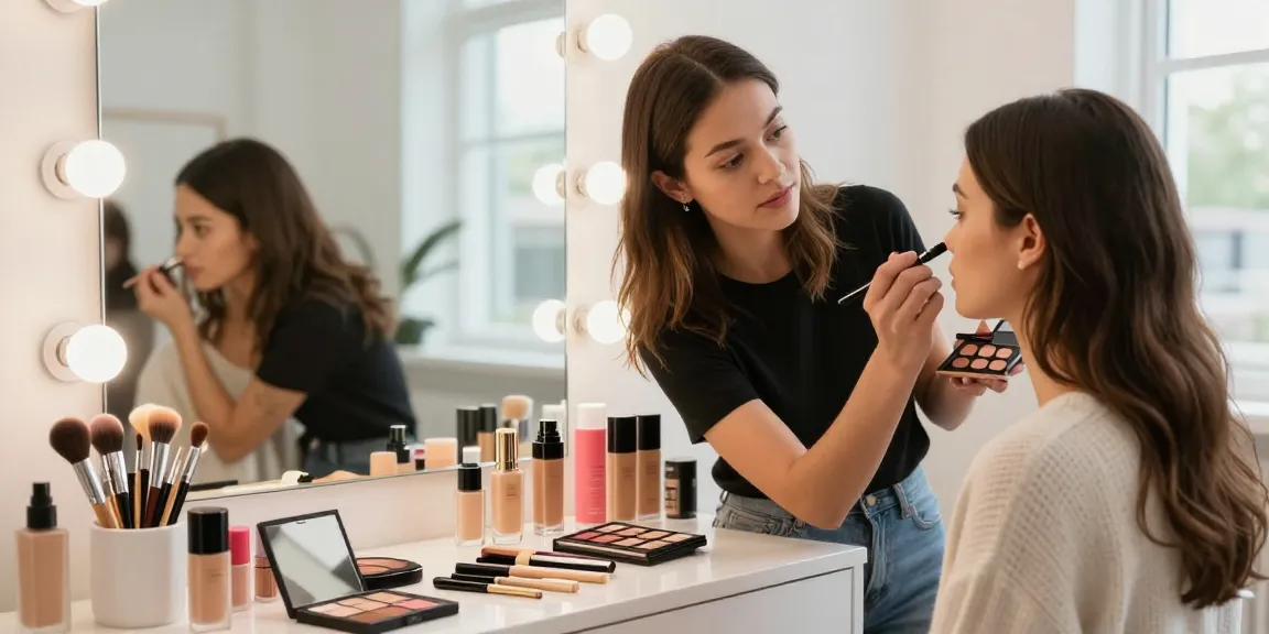 Trucco personalizzato applicato da un'artista a una cliente, in un'atmosfera luminosa e accogliente.