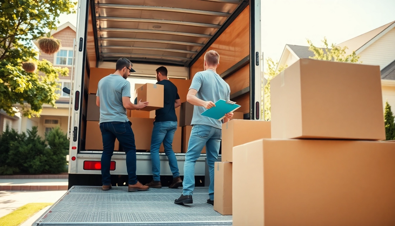 Movers efficiently handling residential moving services while loading furniture in a sunny neighborhood.