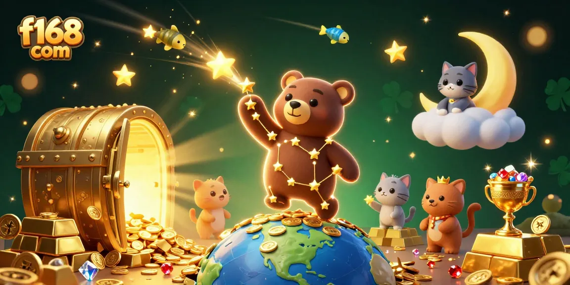 Win big with f168 com: a dynamic scene of a cosmic bear scooping coins amid treasures.