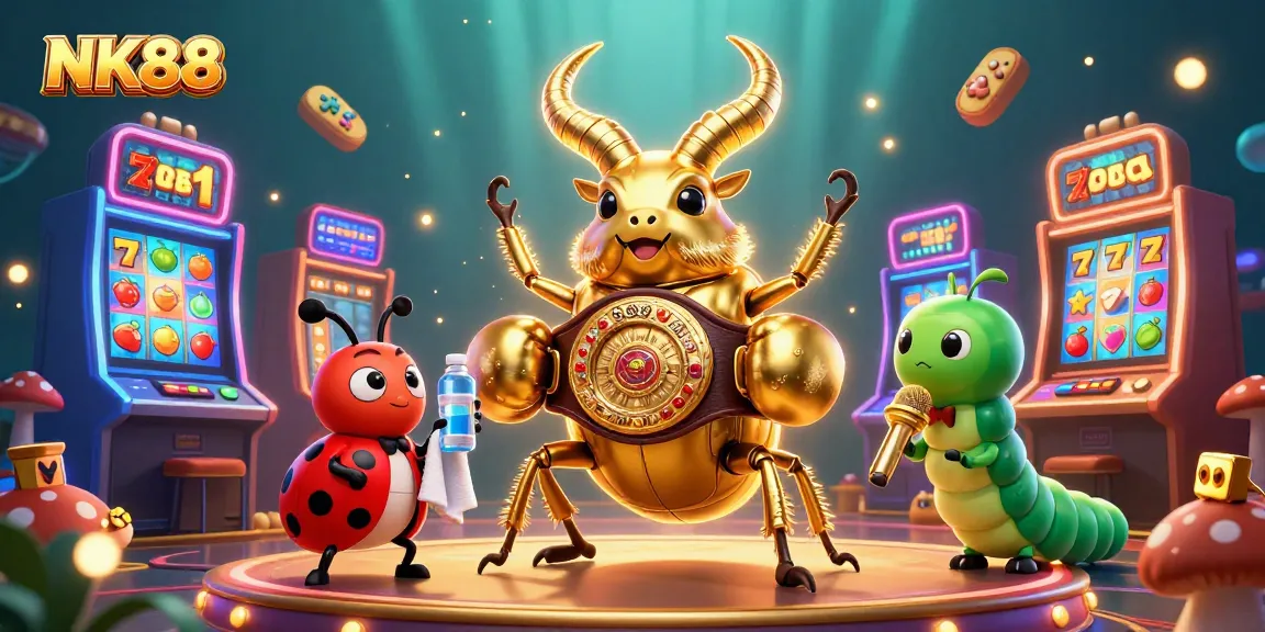 Play slot games and win big with NK88's vibrant casino illustration featuring fun characters and elements.