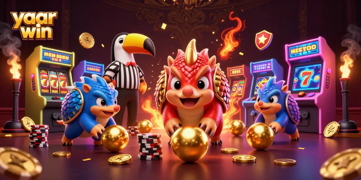 Engage in gaming with yaar win: Two rival pangolins bowl golden balls amidst poker chips.