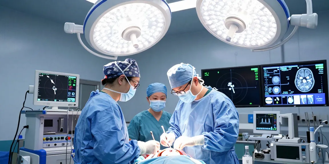 Neurosurgeons performing a beyin ameliyatı in a high-tech surgical theater, emphasizing precision and teamwork.
