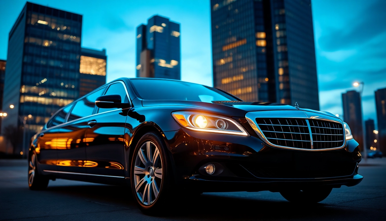 Premium corporate transportation Rhode Island featuring a luxury limousine near an office building.