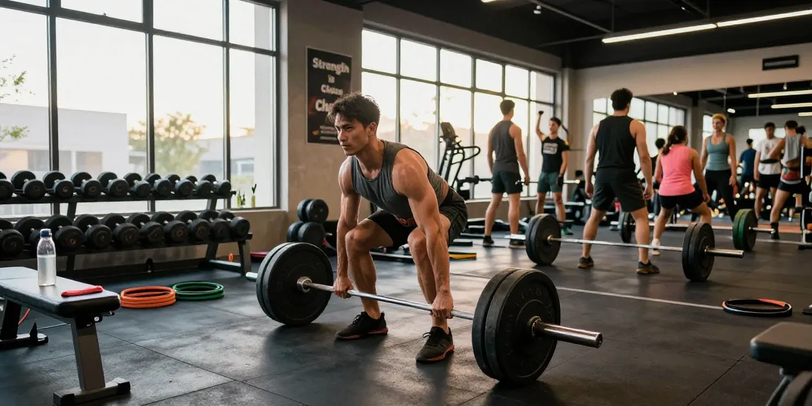 Sporty man lifting weights in the pharmaqo shop gym, showcasing community and dedication to fitness during workout.