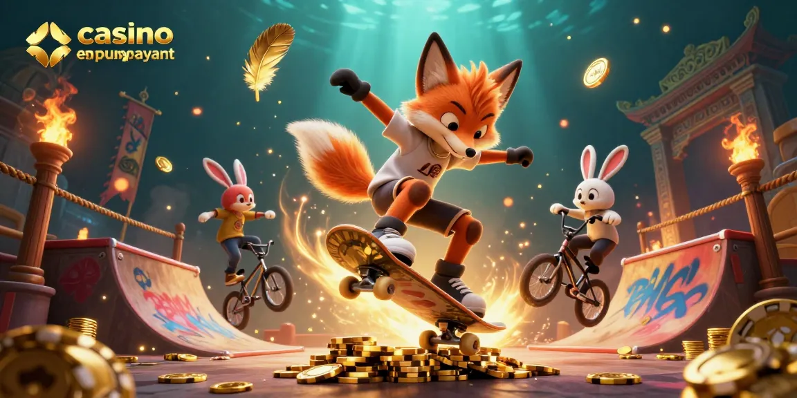 Image illustrant le casino en ligne le plus payant avec un renard skateboardeur et un lapin BMX.