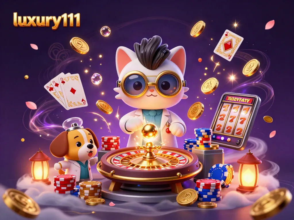 Experience luxury111 with exciting gameplay elements like golden coins and slot machine reels.