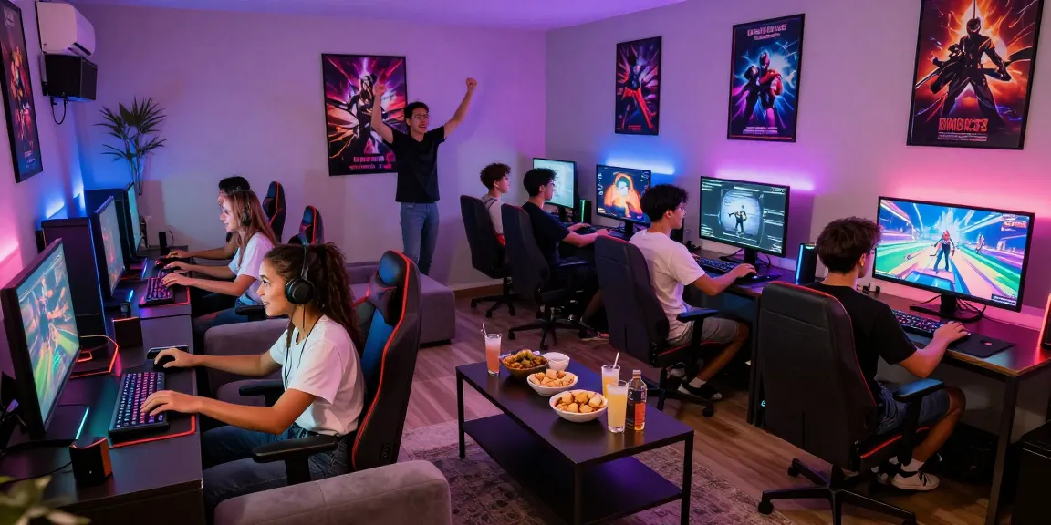 Friends playingเกมสล็อต in a vibrant gaming lounge, showcasing excitement and camaraderie.
