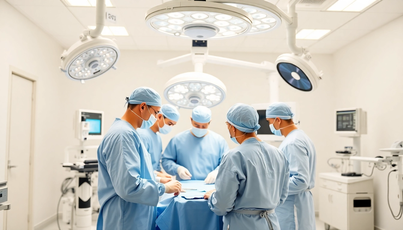 Surgical Treatment Cente scene showing skilled surgeons preparing in a state-of-the-art facility.