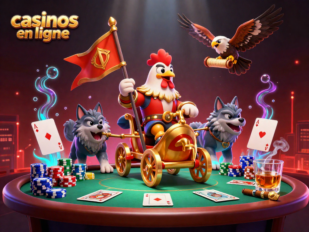 Mercredi des casinos en ligne : Combattez avec un coq seigneur sur un chariot doré avec des éléments de poker autour.