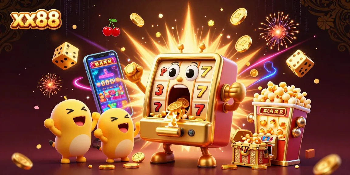 xx88 slots jackpot excitement with 3D cartoon characters celebrating a massive win in a vibrant casino scene