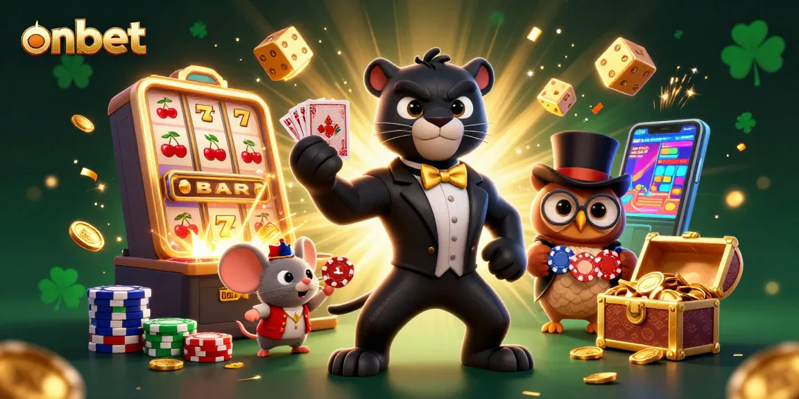 Experience excitement at onbet with a lively casino scene featuring charming characters and jackpot winnings.