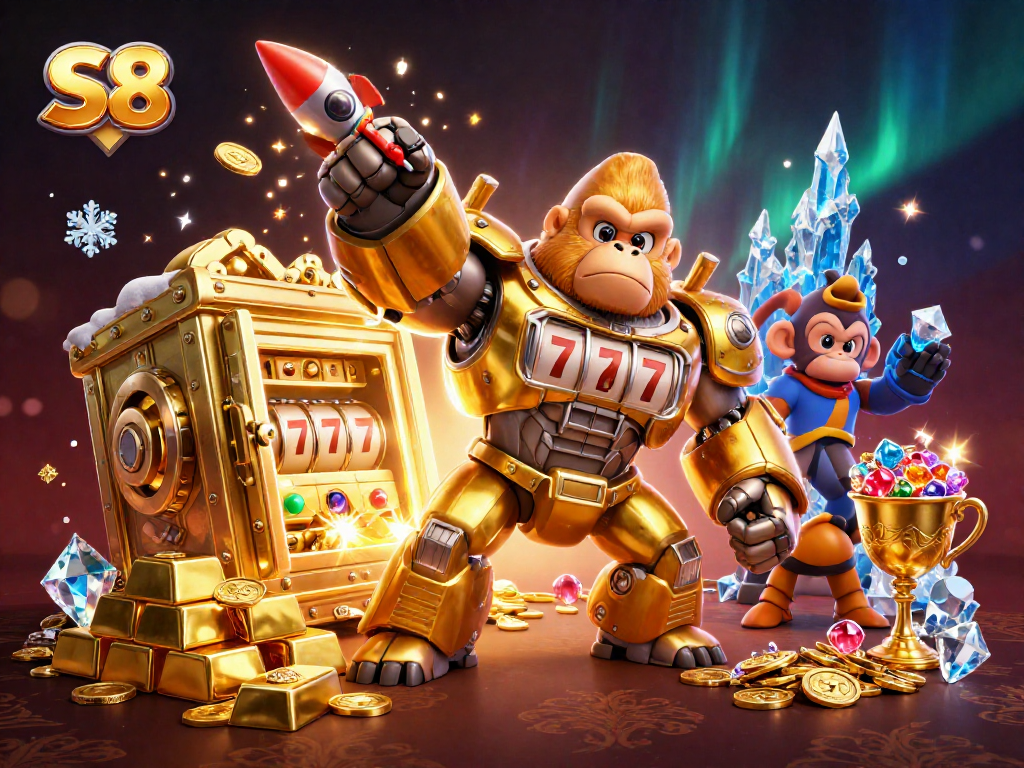 S8 offers a dynamic gaming experience with the golden gorilla mech and exciting slot features.